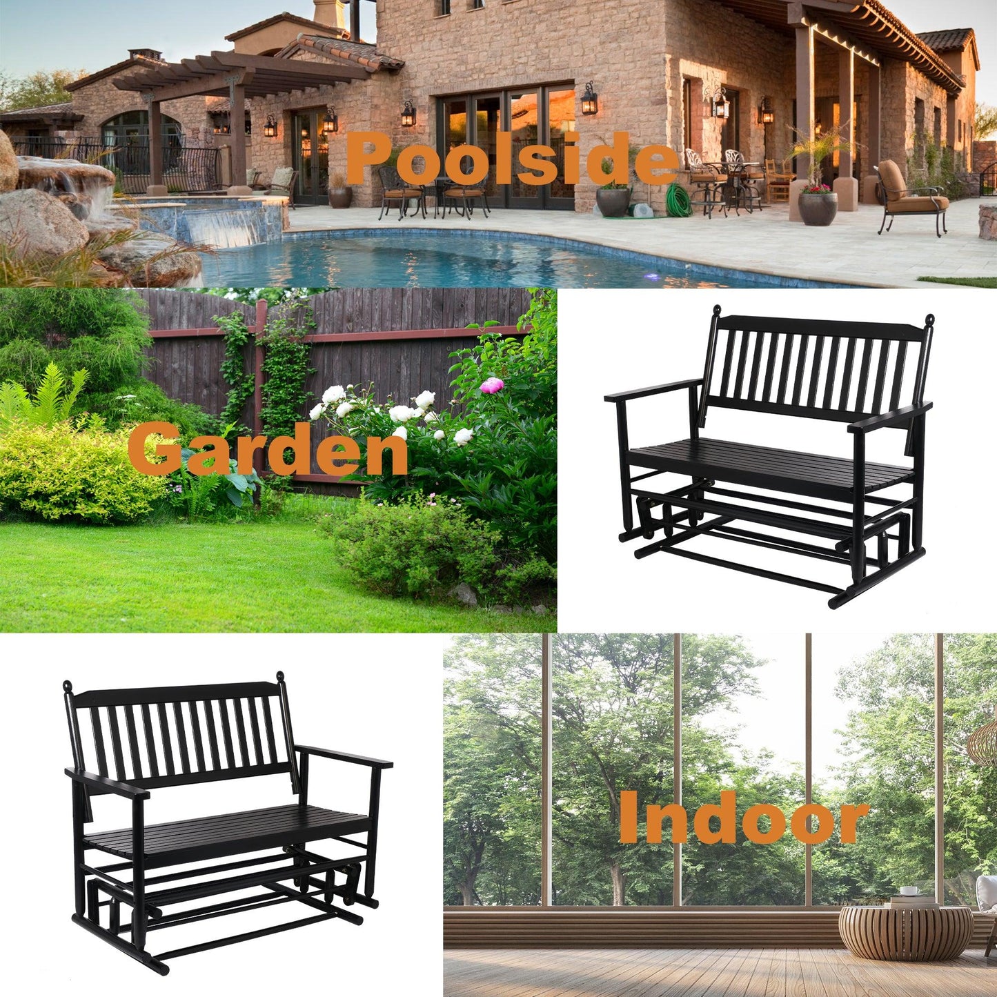 2 Person Patio Glider Bench Chair, Wooden Garden Rocking Seating Swing Loveseat Swing Rocker Lounge