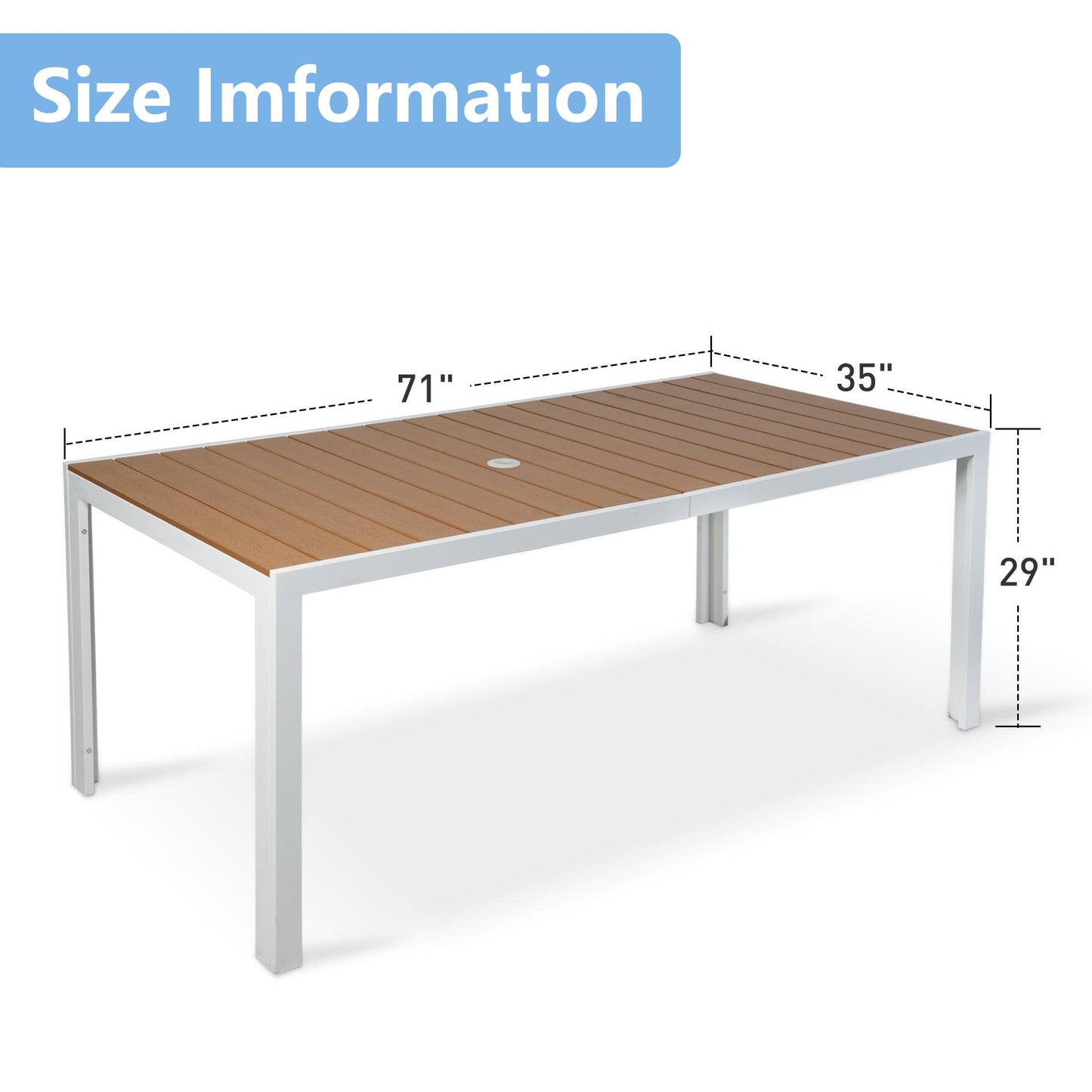 71" Outdoor Patio Dining Table for 6-8 Rectangular Table with Aluminum Frame Adjustable Umbrella Hole, Brown and White