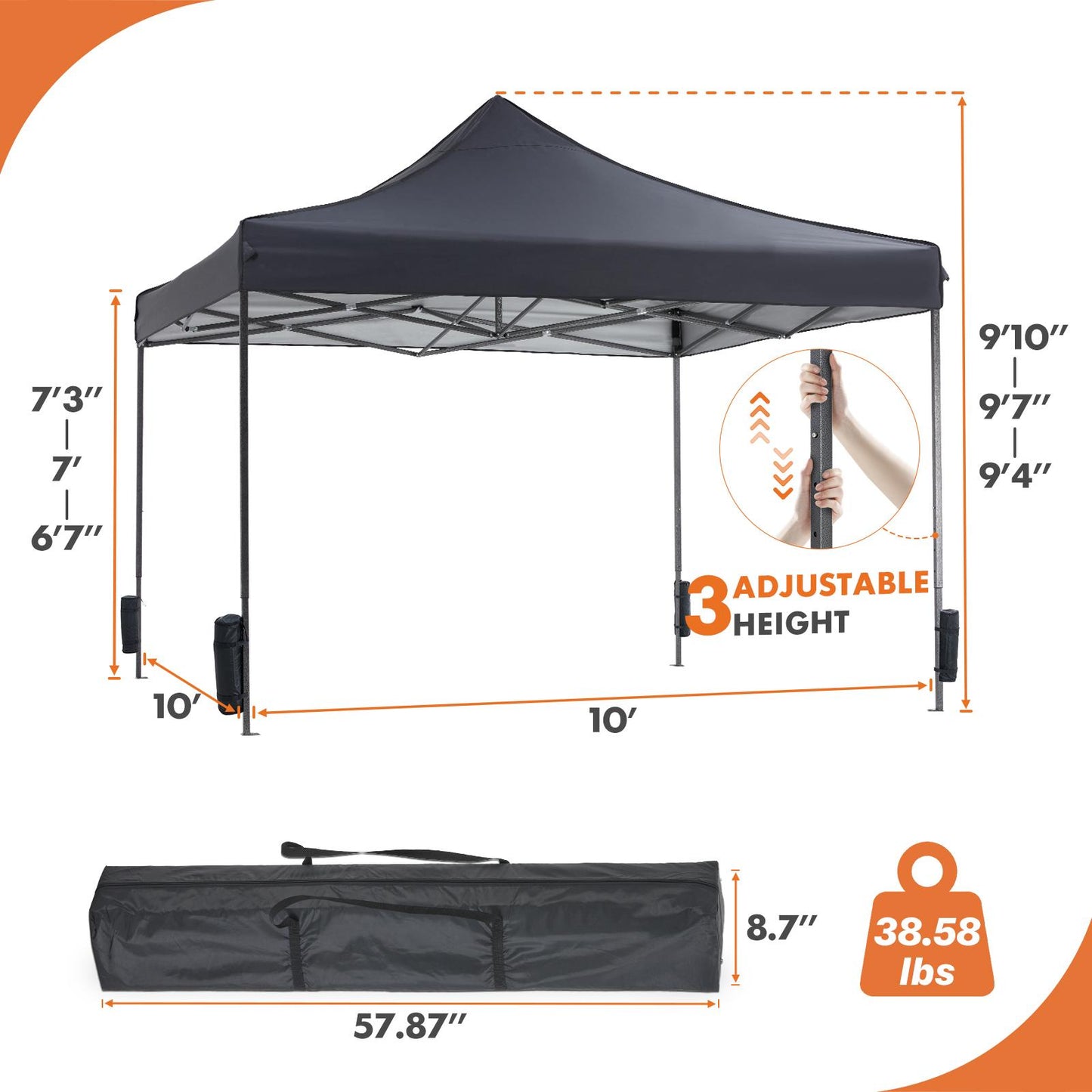 10 x 10ft Pop Up Canopy Tent Easy Setup Outdoor Shade Instant Portable Sun Shelter Canopy Tent for Parties Camping Beach