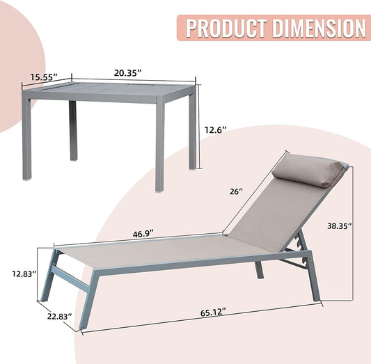 3 Pieces Aluminum Textilene Chaise Lounge Set with Side Table Outdoor,Adjustable Back