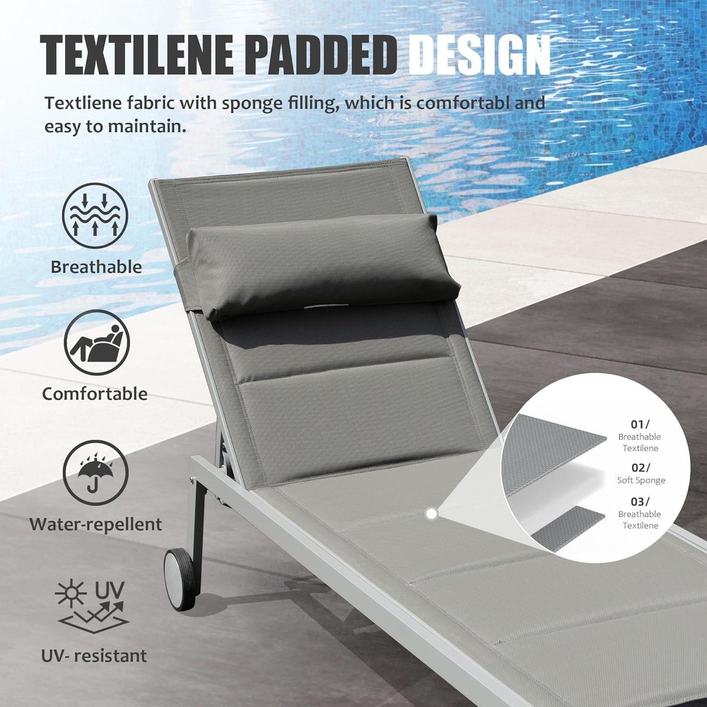 Aluminum Pool Lounge Chairs with Side Table and Wheels, Textilene Padded Adjustable Recliner All Weather for Poolside, Beach, Yard, Balcony