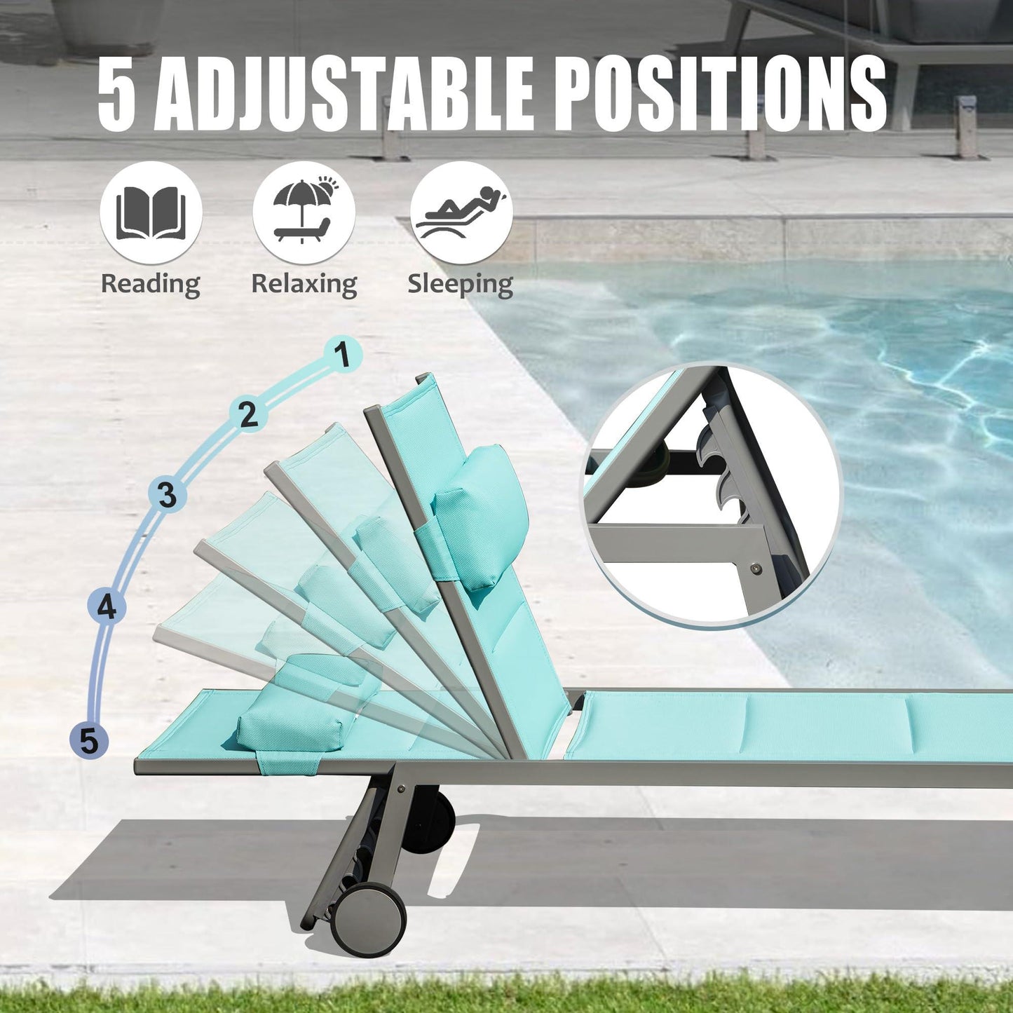 Aluminum Pool Lounge Chairs with Side Table and Wheels, Textilene Padded Adjustable Recliner All Weather for Poolside, Beach, Yard, Balcony