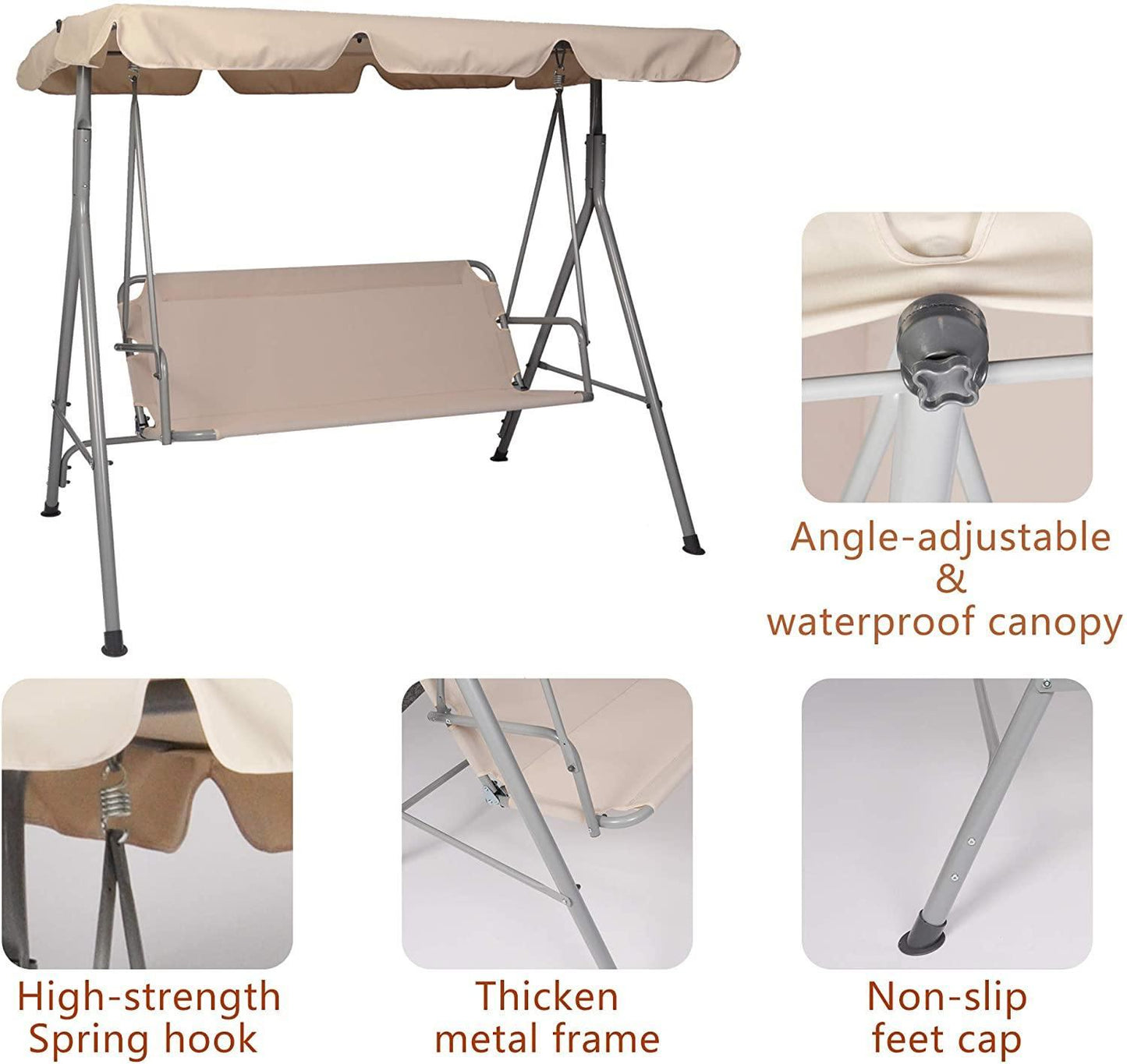 3 Person Outdoor Porch Patio Swing Chair with Stand and Waterproof Canopy All Weather Resistant Swin