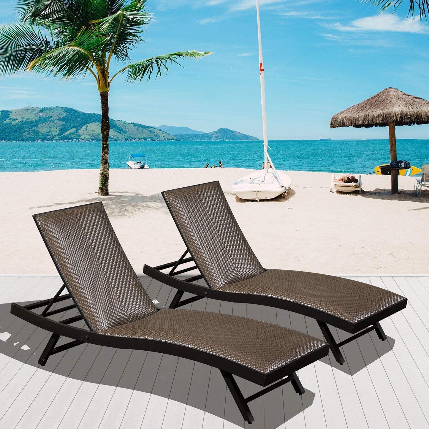 2 PCS Outdoor Chaise Lounge Set, Aluminum Patio Padded Quick Dry Foam Wicker Lounge Chair with