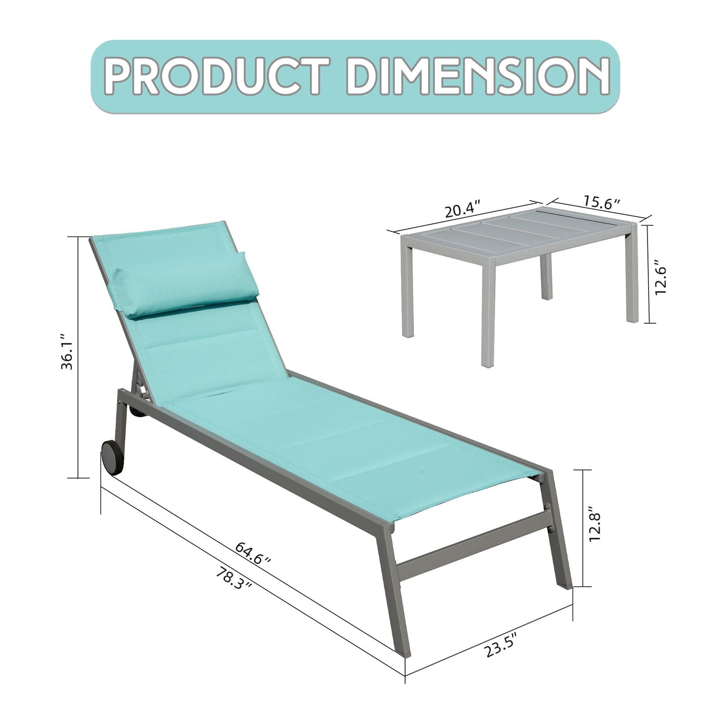 Aluminum Pool Lounge Chairs with Side Table and Wheels, Textilene Padded Adjustable Recliner All Weather for Poolside, Beach, Yard, Balcony