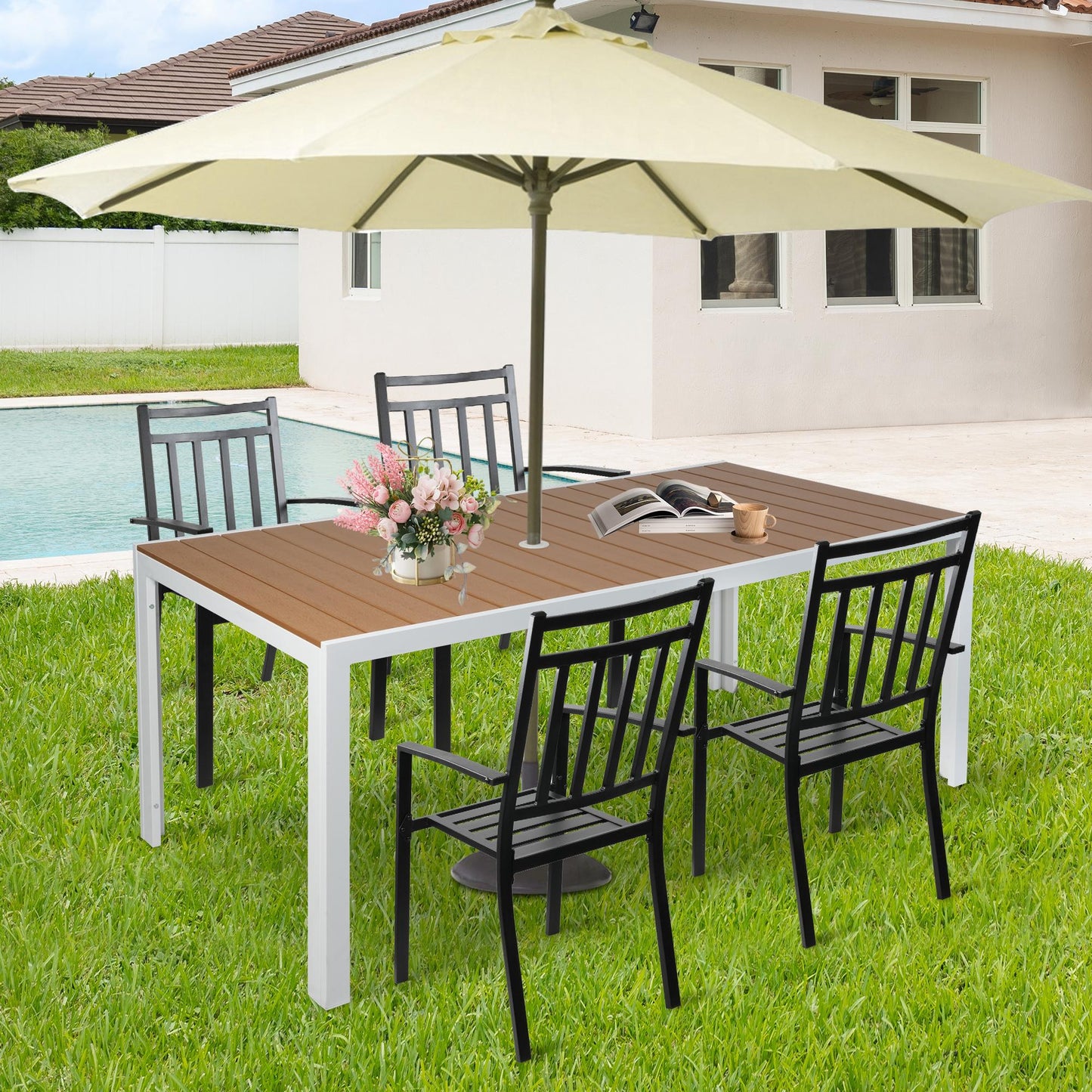 71" Outdoor Patio Dining Table for 6-8 Rectangular Table with Aluminum Frame Adjustable Umbrella Hole, Brown and White