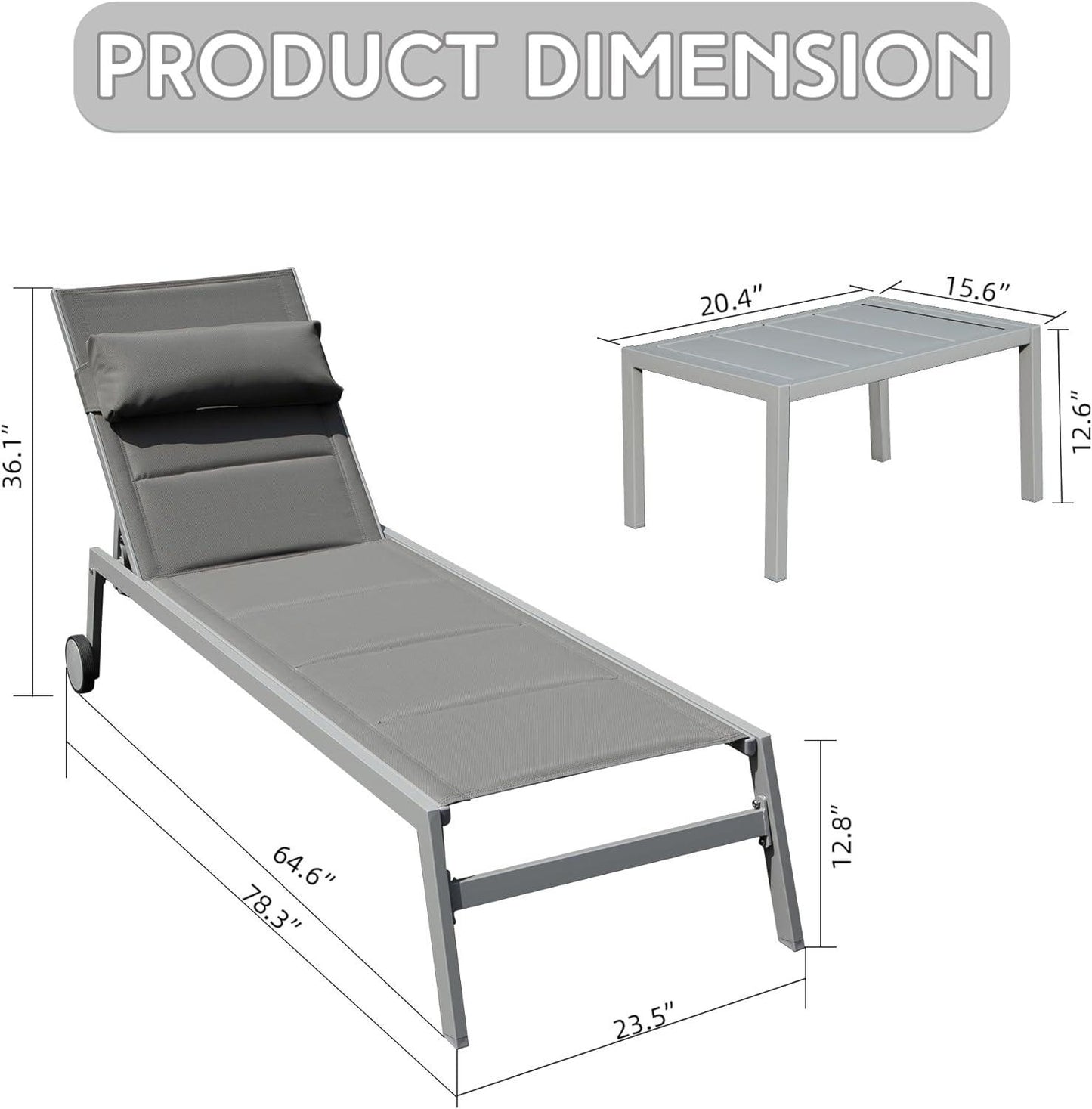 Aluminum Pool Lounge Chairs with Side Table and Wheels, Textilene Padded Adjustable Recliner All Weather for Poolside, Beach, Yard, Balcony