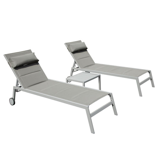 Aluminum Pool Lounge Chairs with Side Table and Wheels, Textilene Padded Adjustable Recliner All Weather for Poolside, Beach, Yard, Balcony