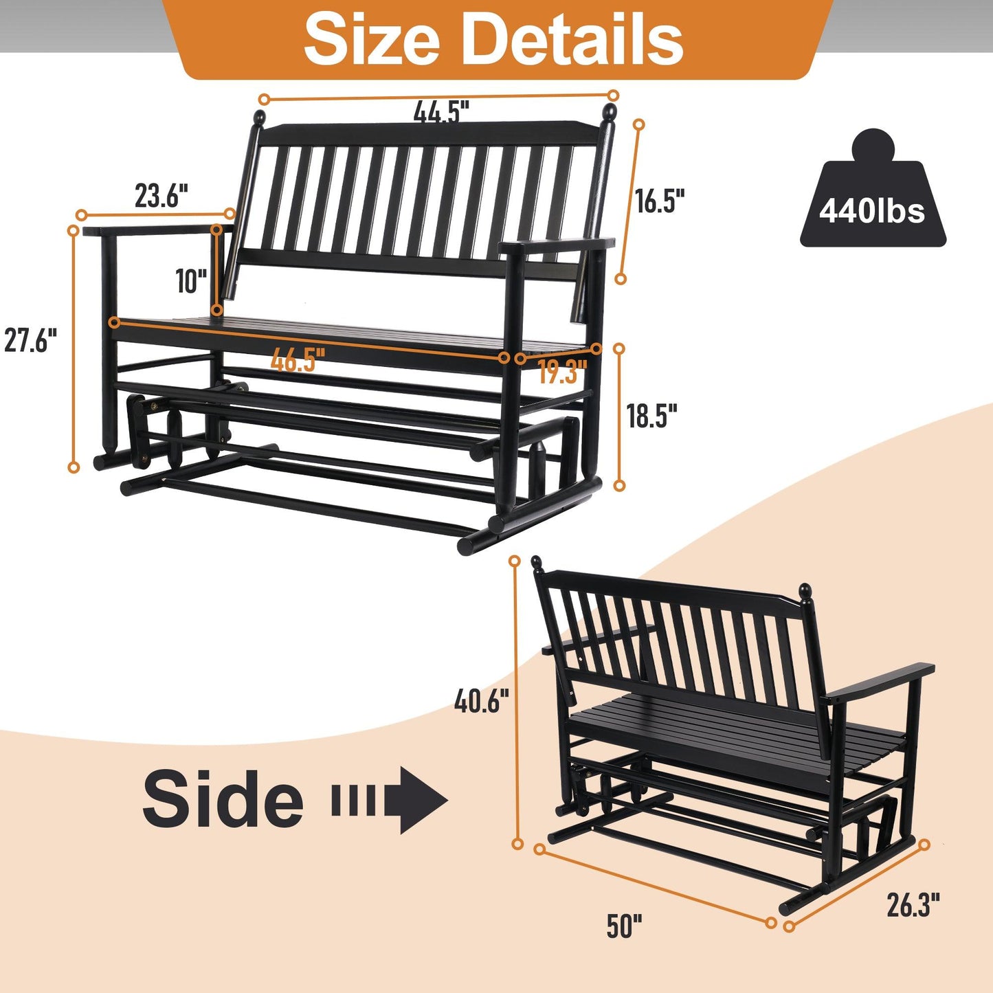 2 Person Patio Glider Bench Chair, Wooden Garden Rocking Seating Swing Loveseat Swing Rocker Lounge