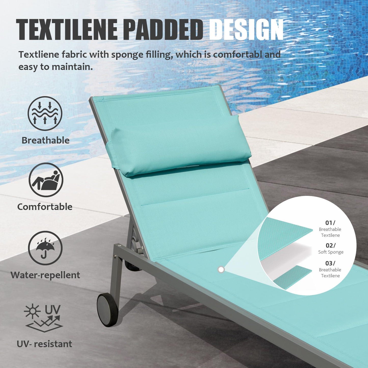 Aluminum Pool Lounge Chairs with Side Table and Wheels, Textilene Padded Adjustable Recliner All Weather for Poolside, Beach, Yard, Balcony