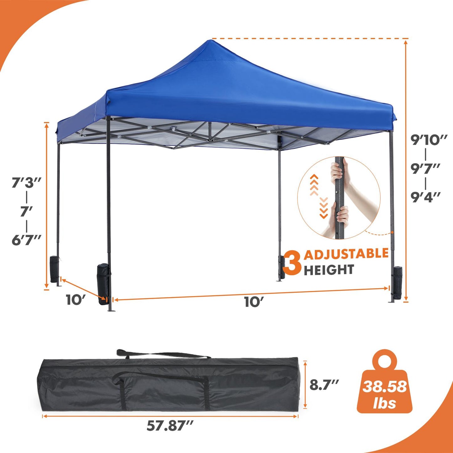 10 x 10ft Pop Up Canopy Tent Easy Setup Outdoor Shade Instant Portable Sun Shelter Canopy Tent for Parties Camping Beach