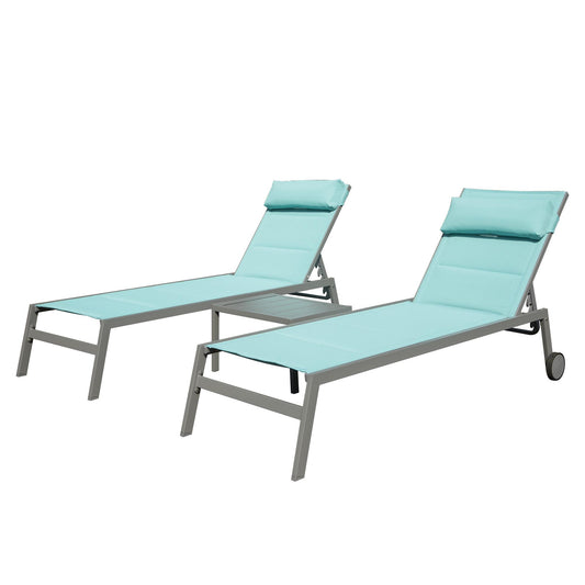 Aluminum Pool Lounge Chairs with Side Table and Wheels, Textilene Padded Adjustable Recliner All Weather for Poolside, Beach, Yard, Balcony